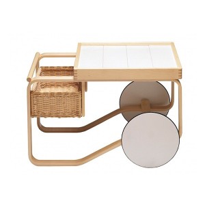 Tea Trolley 900 madera abedul, cerámica blanca y cesta de mimbre de Artek