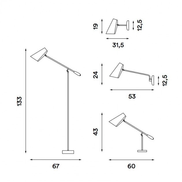 Dimensiones Lámpara Birdy de pared de brazo largo. Disponible en Moisés showroom