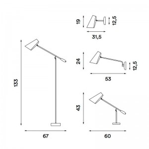 Dimensiones Lámpara Birdy de pared de brazo largo. Disponible en Moisés showroom