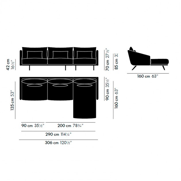 Sofá Costura con chaiselongue derecho - medidas