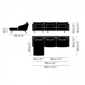 Sofá Costura con chaiselongue izquierdo - medidas