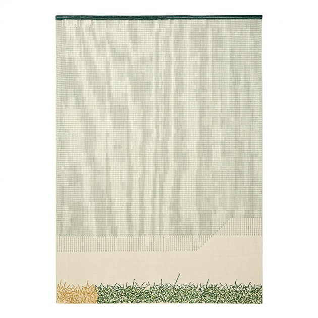 Kilim Backstitch Calm color verde de Gan Rugs en Moises Showroom