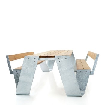 Mesa Hopper Picnic con respaldos madera iroko color galvanizado de Extremis Mesa Hopper Picnic con respaldos madera iroko color galvanizado de Extremis