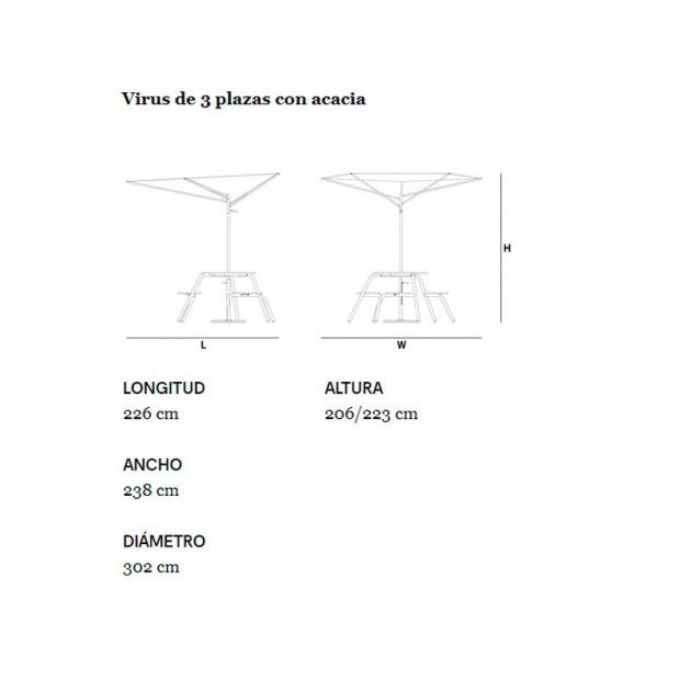 Ficha técnica Mesa Virus de 3 plazas con sombrilla Acacia de Extremis