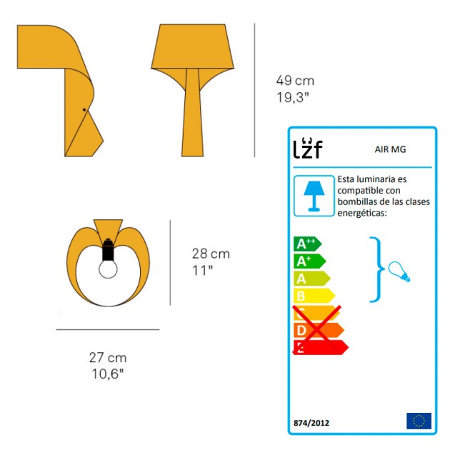 bombilla y medidas Lámpara mesa Air MG Luzifer