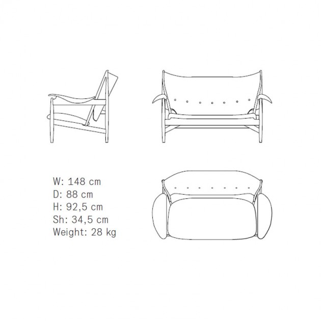 Medidas chieftain sofa de Finn Juhl en Moises Showroom