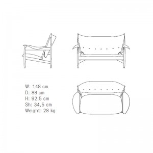 Medidas chieftain sofa de Finn Juhl en Moises Showroom