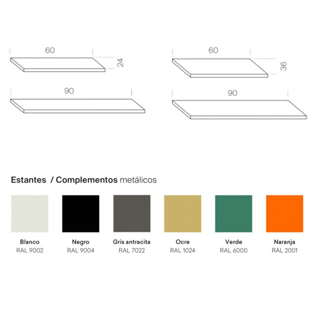 medidas y acabados Tria Shelving system